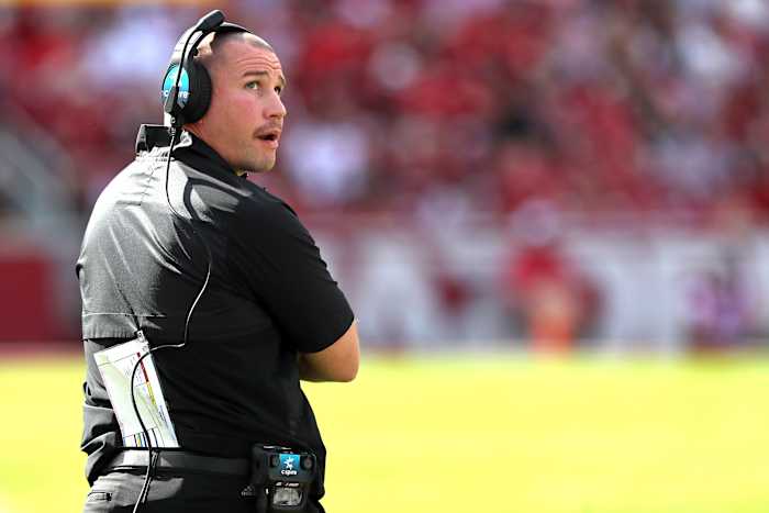 Oct 21, 2023; Fayetteville, Arkansas, USA; Mississippi State Bulldogs head coach Zach Arnett looks on during the first quarter against the Arkansas Razorbacks at Donald W. Reynolds Razorback Stadium. Mandatory Credit: Nelson Chenault-USA TODAY Sports